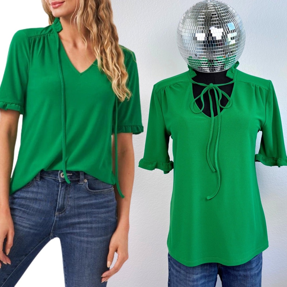 CeCe Ruffle Tie Neck Top Green Short‎ Sleeve Women's XS